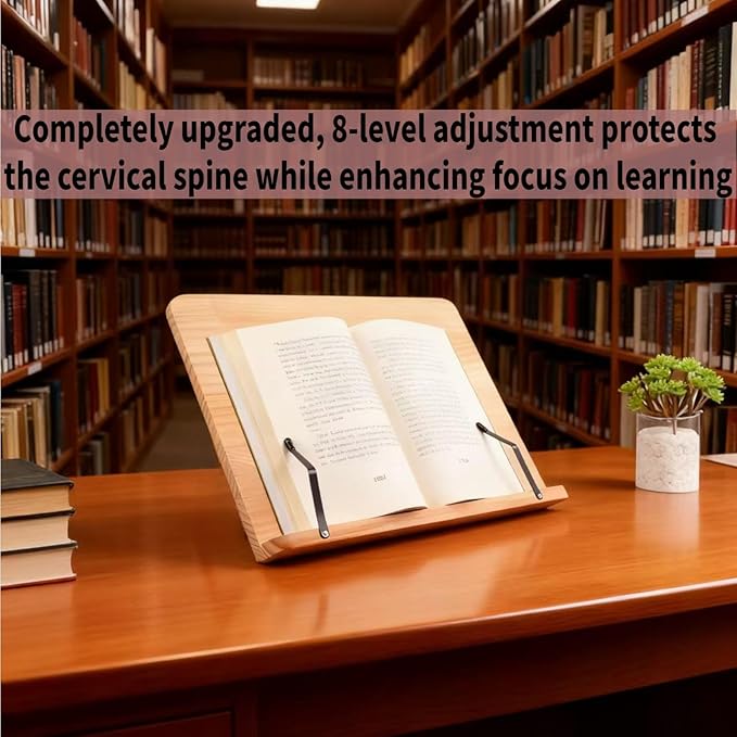 Bamboo Book Stand, Adjustable Reading Rest Holder, Natural Wood, Desktop Document Stand for Reading, Cooking (11x7.9inch)