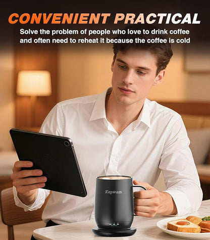 Kepwam Self Heating Coffee Mug T2, 16oz Smart Heated Coffee Mug, 150 Min Battery Life - Hot up to 149℉ Temperature Control Coffee Mug Warmer, Gifts for Dad Mom (No APP)