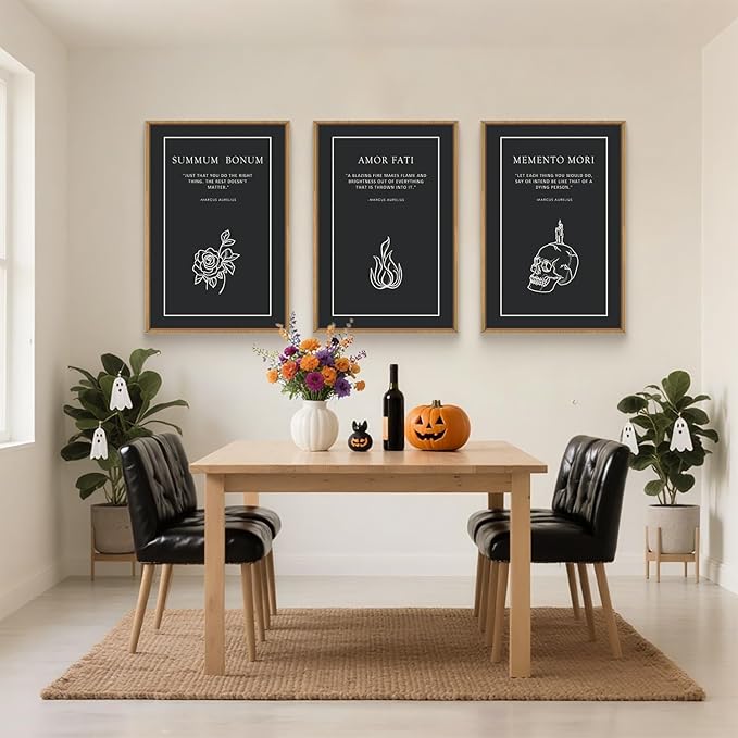 HLNIUC Halloween Canvas Wall Art Set of 3, Black Skeleton Meditations Home Decor, Amor Fati Memento Mori Stoic Art(16x24),Vintage Flower Fire Marcus Aurelius Painting for Living Room, Bedroom, Office