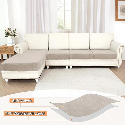 NAISI Waterproof Couch Cushion Covers Thick Velvet Fabric Washable Sofa Slipcovers Sectional Couch Covers for 4 Pieces Separate L Shape Couch Cover with Elastic Bottom(3 Seater + 1 Chaise,Light Taupe)