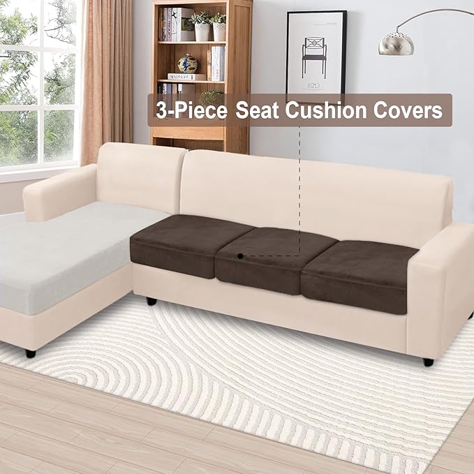 NAISI Couch Cushion Covers 3 Pieces Velvet Stretch Sofa Seat Covers or Backrest Covers Soft Individual Couch Covers for Sectional Sofa(3 Pcs for 3-Seat Cushion,Brown)