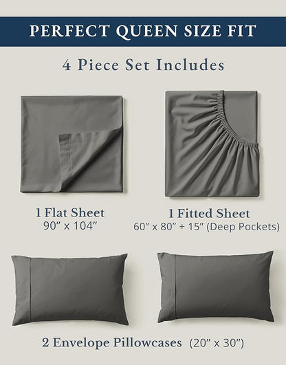 LANE LINEN Sustainably Produced 100% Organic Cotton Queen Size Bed Sheets, Soft & Comfy Naturally Cooling Percale Cotton Sheets, Low Pill Fade Resistant 15" Deep Pocket Queen Sheets– Charcoal