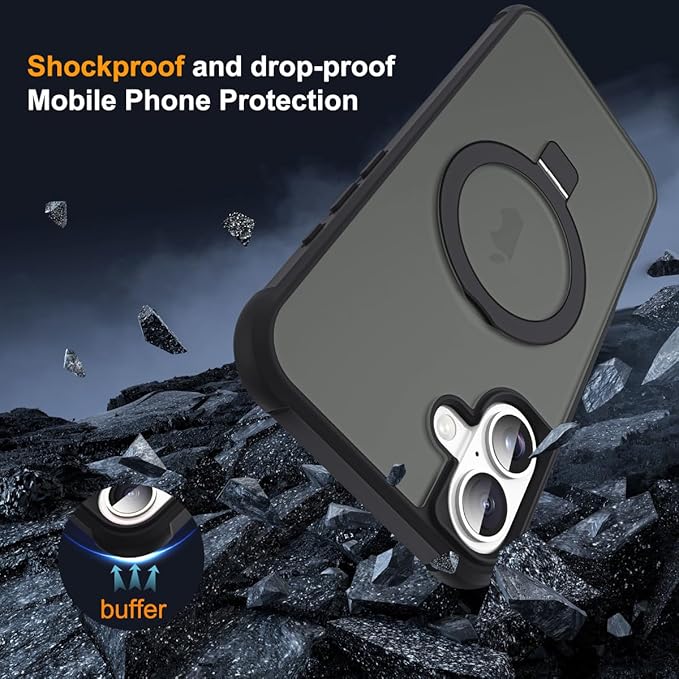 Compatible with iPhone 16 Case with Invisible Magnetic O-Ring Stand Military-Grade Translucent Case for iPhone 16 6.1" [Compatible with Mag-Safe][Great Grip Feeling], Black