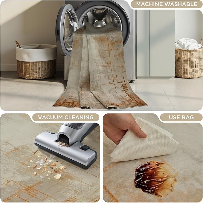 Joydeco 2x6 Runner Rug for Hallway, Modern Abstract Non-Slip Soft Washable Rugs, Low Pile Carpet for Entryway, Kitchen, Bedroom, Laundry, Light Brown & White & Beige