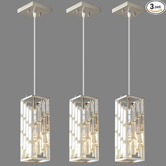 Brass Nickel Pendant Lighting Modern Pendant Light, Mini Crystal Chandeliers, Adjustable Pendant Light Fixture for Kitchen Island Dinning Room Bedroom (3 Pack)