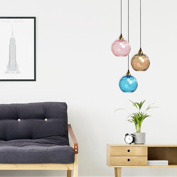 15cm/5.9’’ Industrial Vintage Spherical Glass Pendant Light, E26 Ceiling Hanging Lamp, Gold Finish & Ripple Glass Globe Shade, Dining Room Bedroom Chandelier (Azure Blue)