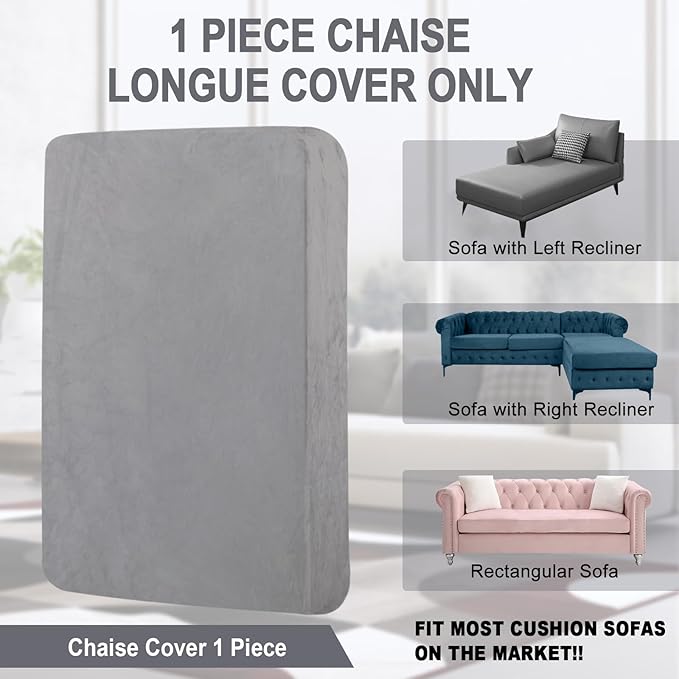 Couch Cover 1 Piece Chaise Lounge Cover Velvet Sectional Couch Cushion Covers Separate L Shape Sofa Slipcovers Furniture Protector for Dogs Pets (Chaise or Sofa 3-Seater, Light Grey)