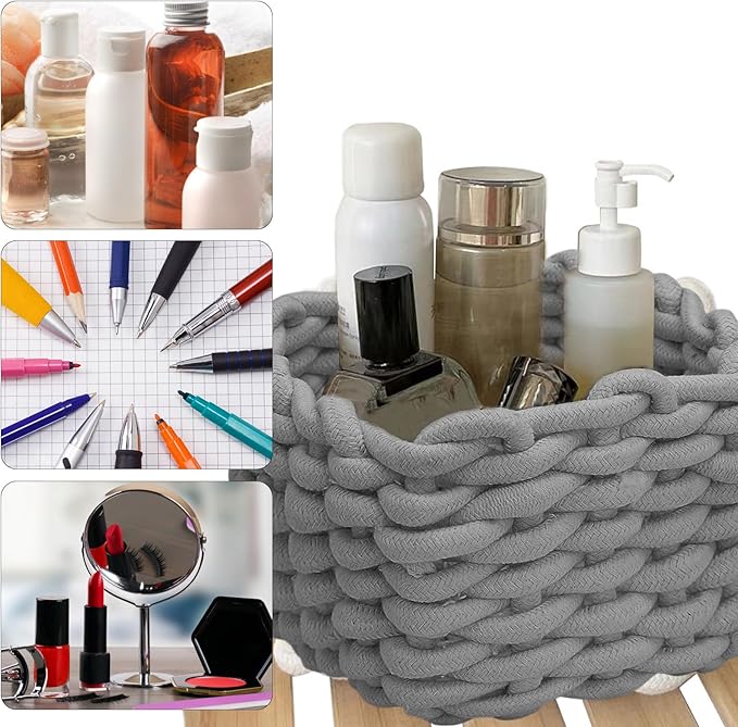 Small Woven Basket, Gray Small Basket Mini Cotton Rope Baskets for Little Items, Square Cute Baskets for Baby Room, Nursery, Bedroom