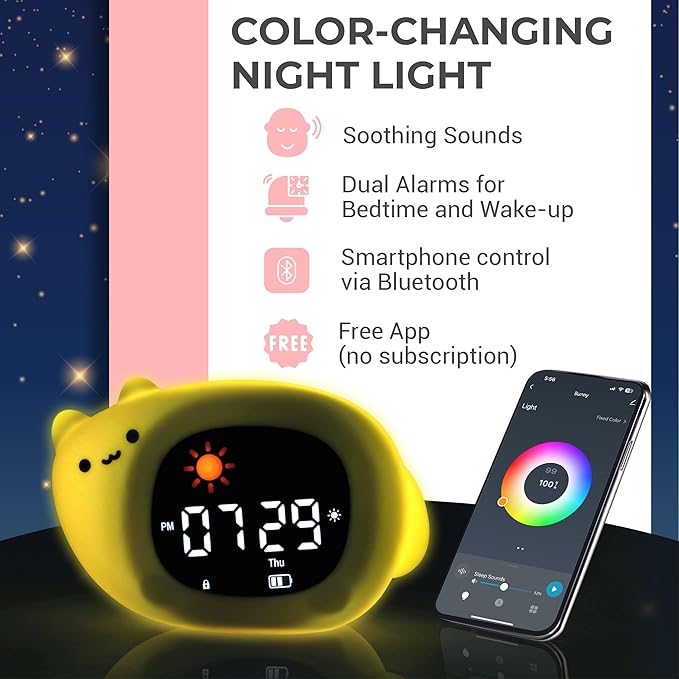 App-Controlled Kids Sleep Trainer - Color-Changing Night Light Alarm Clock with Sounds, OK-to-Wake Toddler Clock, USB-C Corded with Backup Battery, Gift for Boys & Girls - Cat Alarm Clock for Kids