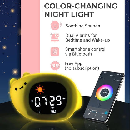 App-Controlled Kids Sleep Trainer - Color-Changing Night Light Alarm Clock with Sounds, OK-to-Wake Toddler Clock, USB-C Corded with Backup Battery, Gift for Boys & Girls - Cat Alarm Clock for Kids