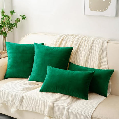 HWY 50 Dark Green Velvet Throw Pillow Covers 18x18 Inch, Pack of 2 Soft Cozy Solid Decorative Luxury Cushion Cases for Couch Sofa Bed Living Room Bedroom