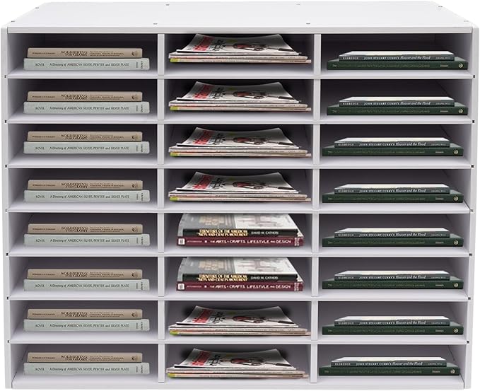 Literature Organizer with 24 Compartments | Adjustable Desktop File Sorter Mail Center for Home, Office & Classroom | PVC Paper Storage Cabinet with Shelves (White, 24 Compartments)