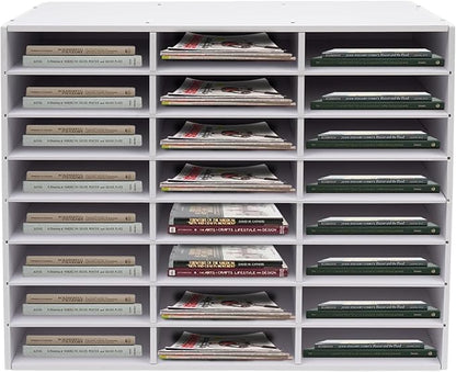Literature Organizer with 24 Compartments | Adjustable Desktop File Sorter Mail Center for Home, Office & Classroom | PVC Paper Storage Cabinet with Shelves (White, 24 Compartments)