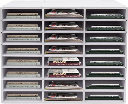 Literature Organizer with 24 Compartments | Adjustable Desktop File Sorter Mail Center for Home, Office & Classroom | PVC Paper Storage Cabinet with Shelves (White, 24 Compartments)