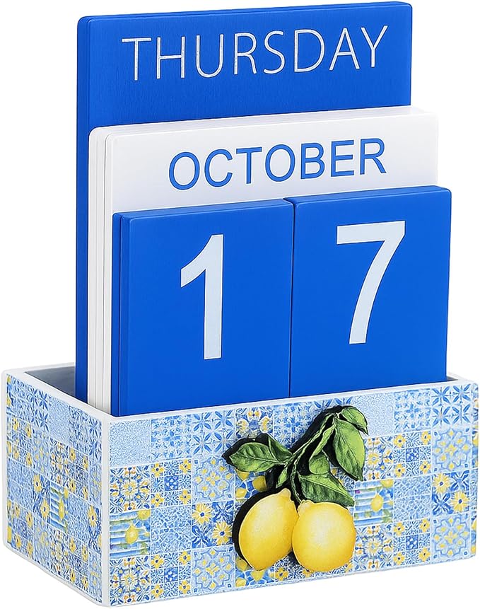 Tile Lemon Wood Block Perpetual Calendar Coquettish Desk Decor Blue Mediterranean Amalfi Coast Decor Cute Month Week Date Display Decorative Block Calendar for Office Home Desk Gift for Women