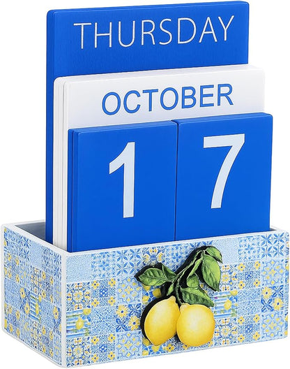 Tile Lemon Wood Block Perpetual Calendar Coquettish Desk Decor Blue Mediterranean Amalfi Coast Decor Cute Month Week Date Display Decorative Block Calendar for Office Home Desk Gift for Women