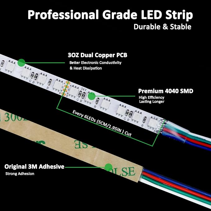 JOYLIT Super Bright RGB LED Strip Lights 16.4ft, UL Listed 24V SMD 4040 120LEDs/M High Density Multi Color Changing Light Strips 90W Adhesive Tape Light for Club, Bar, Entertainment (Only LED Strip)
