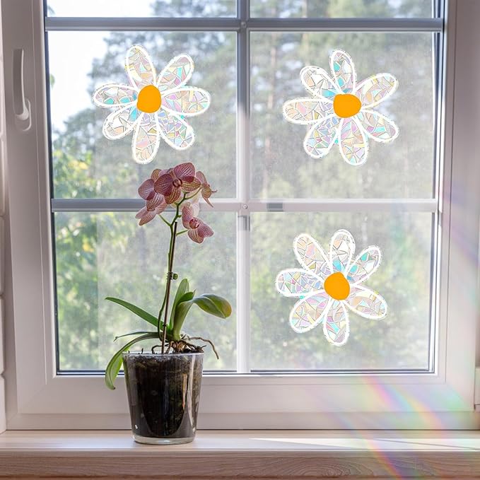 6 PCS Daisy Sun Catcher Sticker Prevent Birds Strikes, Static Cling Rainbow Window Film, Flower Window Clings for Glass Decal Non Adhesive, Reusable Window Stickers