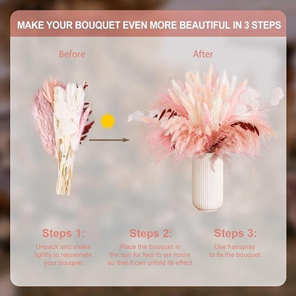 N&T NETING 85Pcs Pink Pampas Grass Decor, Natural Dried Floral Pampas Grass, Boho Home Decor, Fluffy Dried Pompas Grass for Home Wedding Boho Beach Theme Bedroom Decor
