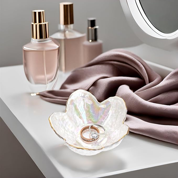 Flower Shape Ring Dish Jewelry Tray Organizer, Glass Accent Tray for Vanity, Small Decorative Trinket Dish, Pearl White