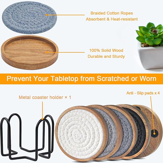 Coasters for Drinks Absorbent Sets of 5, Woven Coasters with Holder, Housewarming Gift for Farmhouse Home Decor, 4 inches (Gray Series)