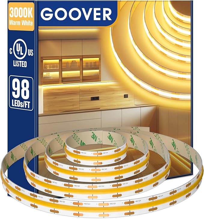 GOOVER COB LED Strip Lights 16.4ft, 3000K Warm White DC 12V Dimmable Tape Light, Ra 95+,150+LM/FT, 98 LEDs/ft, 2.2W/ft, 1600 LEDs, UL Listed for Cabinets,Bedroom(Power Supply Sold Separately)