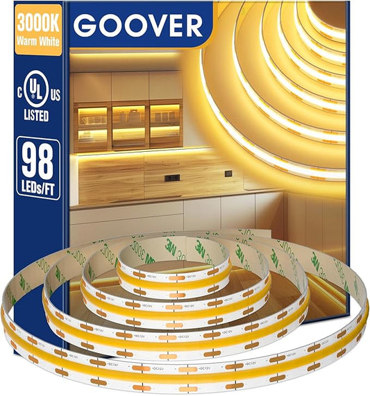 GOOVER COB LED Strip Lights 16.4ft, 3000K Warm White DC 12V Dimmable Tape Light, Ra 95+,150+LM/FT, 98 LEDs/ft, 2.2W/ft, 1600 LEDs, UL Listed for Cabinets,Bedroom(Power Supply Sold Separately)