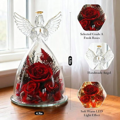 Valentines Day Roses Gifts for Women,Preserved Real Flowers Roses in Glass Angel Figurines,Valentines Day Gifts for Women Mom Wife Girlfriend./Red