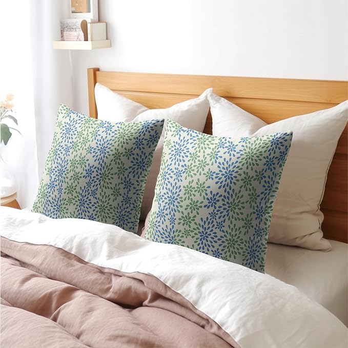 Blue Green Pillow Covers 20x20 Set of 2 Modern Geometry Dahlia Floral Print Pattern Outdoor Decorative Linen Zipper Throw Pillows Cases Cushion Cover Rustic Decoration Farmhouse Sofa Couch Bed Decor