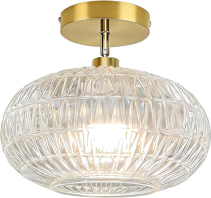 Gold Semi Flush Mount Ceiling Light Fixture,Hallway Light Fixtures,Industrial Close to Ceiling Mount,Globe Glass Ceiling Fixture,Vintage Ceiling Lamp,Farmhouse Lighting for Bathroom