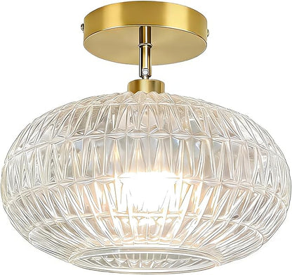 Gold Semi Flush Mount Ceiling Light Fixture,Hallway Light Fixtures,Industrial Close to Ceiling Mount,Globe Glass Ceiling Fixture,Vintage Ceiling Lamp,Farmhouse Lighting for Bathroom
