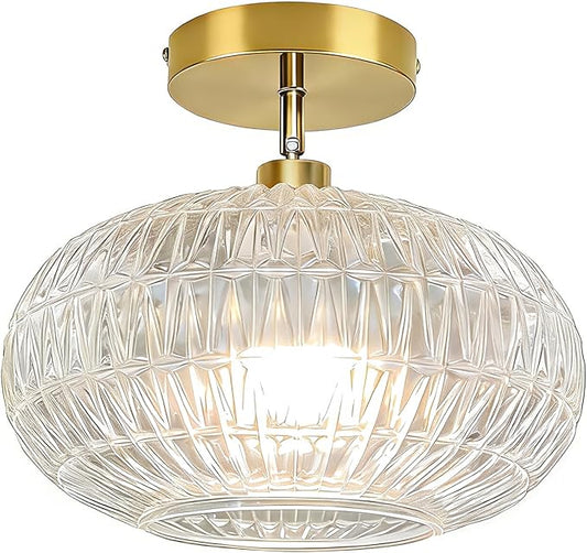 Gold Semi Flush Mount Ceiling Light Fixture,Hallway Light Fixtures,Industrial Close to Ceiling Mount,Globe Glass Ceiling Fixture,Vintage Ceiling Lamp,Farmhouse Lighting for Bathroom