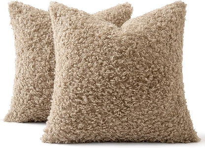 MIULEE Pack of 2 Faux Fur Throw Pillow Covers 26x26 Inch Neutral Oatmeal Boucle Decorative Sherpa Pillow Covers Fuzzy Accent Soft Sheepskin Fleece for Boho Home Decor Sofa Living Room Couch Bed