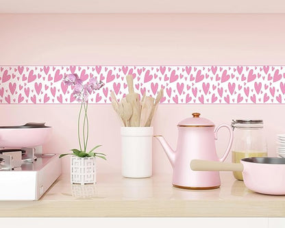 FLFK Pink Heart Wallpaper Border - Peel and Stick Wall Paper, Self Adhesive Removable PVC Borders Sticker, Modern Waterproof Trim for Home Decor, 5" x 240"