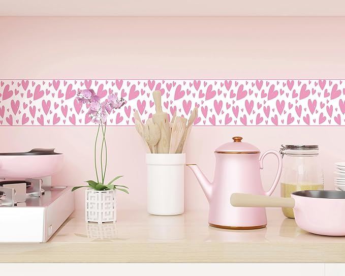 FLFK Pink Heart Wallpaper Border - Peel and Stick Wall Paper, Self Adhesive Removable PVC Borders Sticker, Modern Waterproof Trim for Home Decor, 6" x 240"
