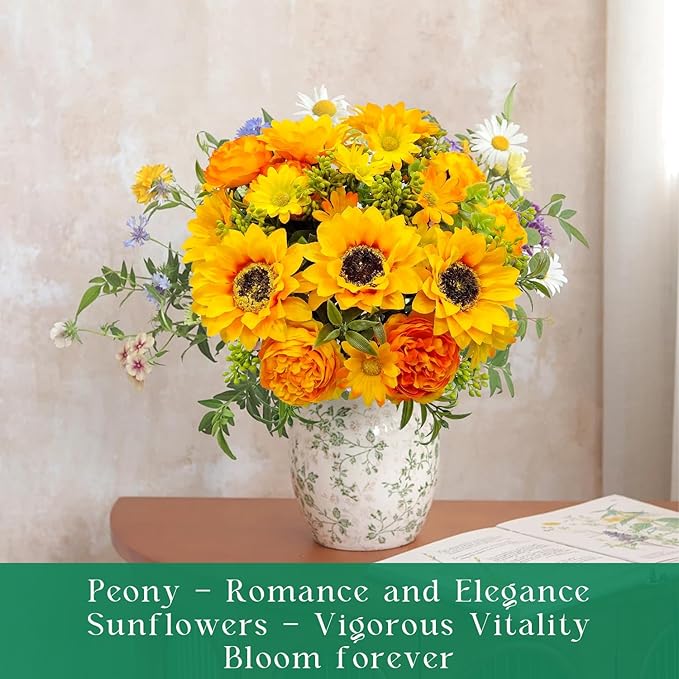 Artificial Flowers for Decoration, 3Pcs Fake Sunflower with Peonies Artificial Flowers Bouquet Silk Flowers for Home Wedding Party Table Centerpieces Vase Decor Indoor Floral Displays (Yellow)