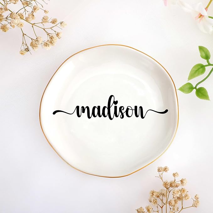 JoycuFF Madison Personalized Name Ceramic Jewelry Tray, Mothers Day Christmas Anniversary Engagement Birthday Gifts for Women Couples, Trinket Dish for Rings Earrings Necklaces Bracelets Keys