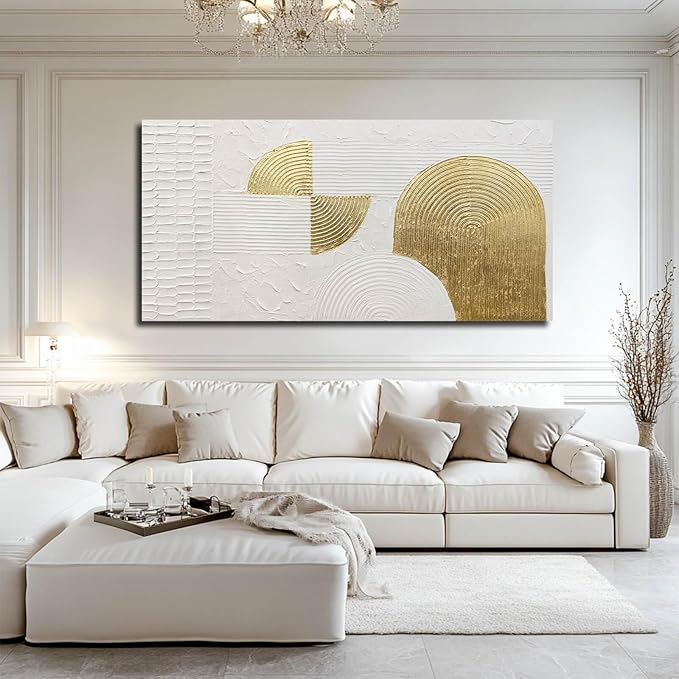 VAYIMDH Large Canvas Wall Art for Living Room Gold Wall Decor White Paintings Abstract Pictures Hand Drawn Arts for Office Hotel 29"x58"