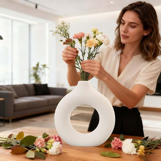 White Ceramic Vase, 2Pcs Round Boho Style Pampas Grass Home Vases, Minimalist Modern Donut Flower Vase for Living Room Office Wedding Coffee Table Decor