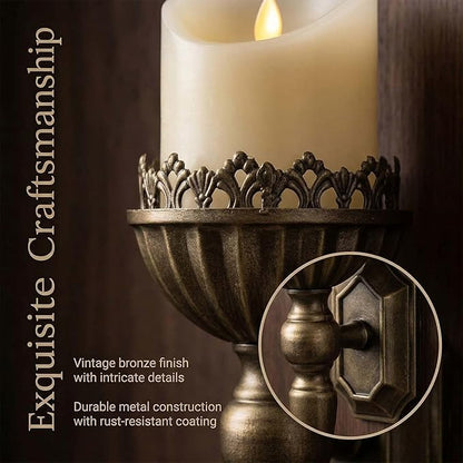 Gold Candle Sconces Set of 2 - Metal Wall Candle Holders for Pillar - Vintage Brass Wall Décor for Living Room Bathroom Dining Room