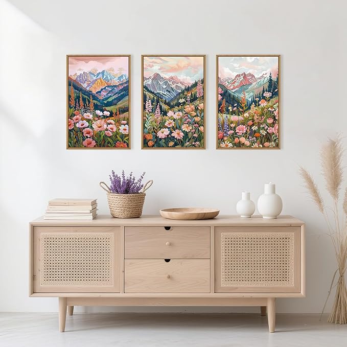 Aryroi Boho Vibrant Mountain Wildflower Framed Canvas Wall Art Set,Colorful Natural Flower Forest Wall Decor,Modern Pink Floral Botanical Landscape Artwork for Living Room,Office,Farmhouse- 24"x36"x3