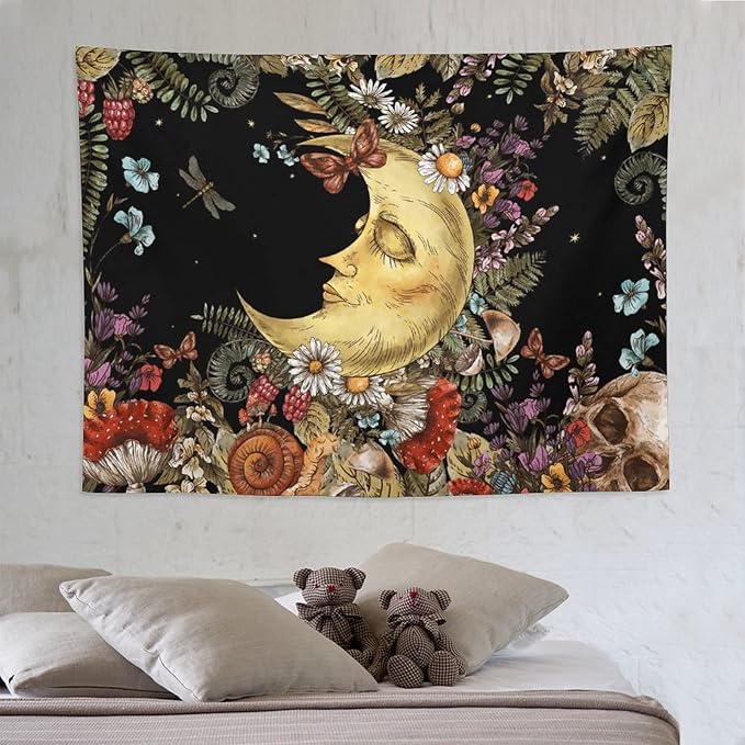 Boho Moon Tapestry Wall Hanging,Vintage Sun and Moon Skull Hippie Mushroom Floral Plant Tapestries for Dorm Living Room Bedroom Decor(60"x80")