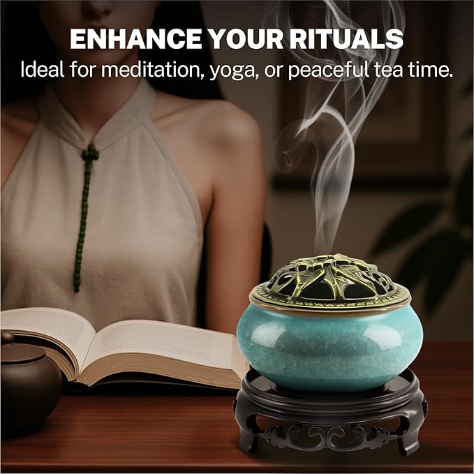 Ceramic Incense Burner with Lotus Incense Holder, Multi-Functional Incense Burner Holder for Incense Sticks, Coil Incense and Cones, Perfect Home Decor (Blue)