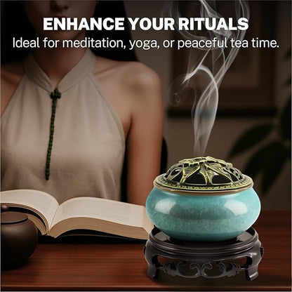 Ceramic Incense Burner with Lotus Incense Holder, Multi-Functional Incense Burner Holder for Incense Sticks, Coil Incense and Cones, Perfect Home Decor (Blue)