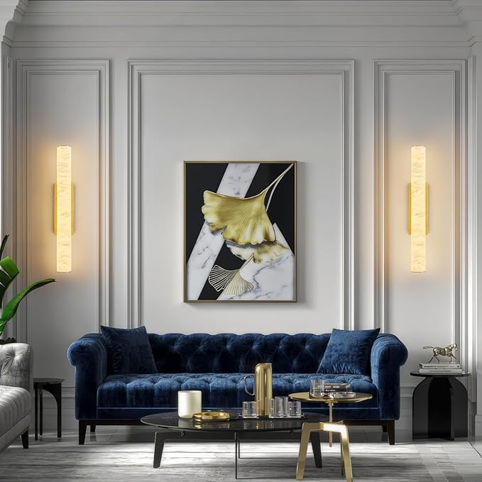 LMQNINE Natural Alabaster Wall Sconces Set of Two Spanish Marble Wall Light Cylinder Modern Gold LED Sconce for Living Room Bedroom Bathroo Stairs（M-2Pack）