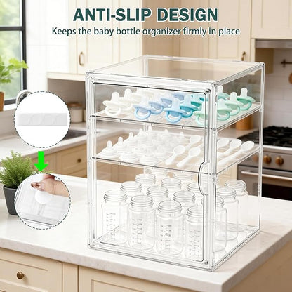 Baby Bottle Organizer, 3 Tiers Acrylic Bottle Storage Organizer Container, Clear Plastic Bottle Station Organizer with 2 Adjustable Dividers for Kitchen Countertop, Bathroom, Cabinet, Vanity