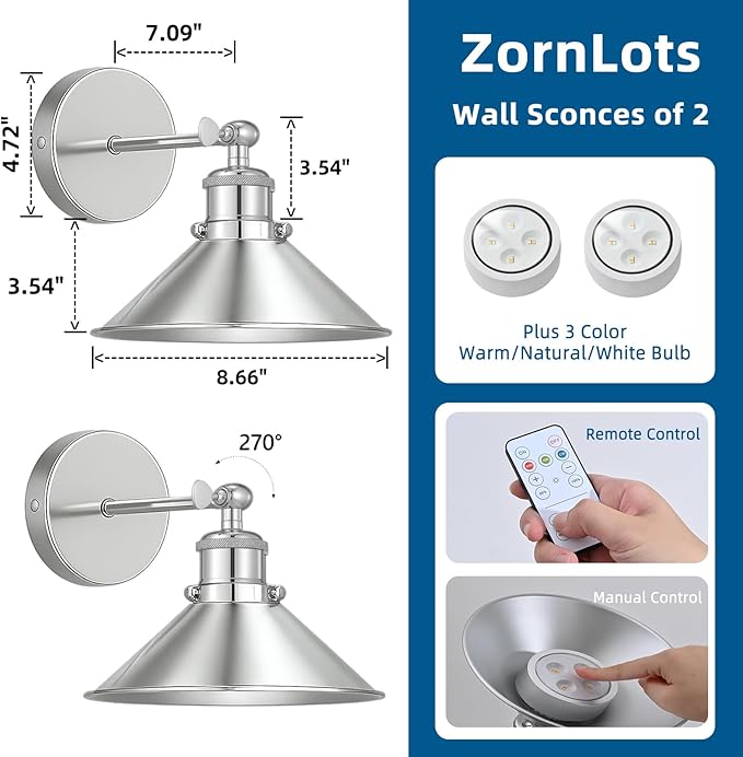 Battery Operated Wall Sconce Set of 2,Vintage Wireless Wall Sconces with Remote,Dimmable Led Wall Lights,Wall Lamp Fixture Indoor Bedroom Living Room Kitchen,LED Bulbs Included,Silver