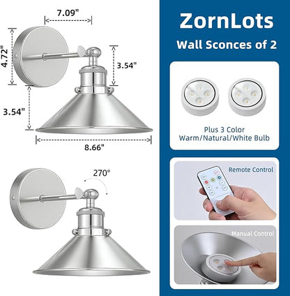 Battery Operated Wall Sconce Set of 2,Vintage Wireless Wall Sconces with Remote,Dimmable Led Wall Lights,Wall Lamp Fixture Indoor Bedroom Living Room Kitchen,LED Bulbs Included,Silver