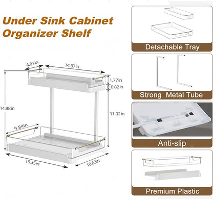 heart & home 1-Pack Under Sink Storage Organizer for Kitchen & Bathroom Cabinets with Removable Washable Tray, Tool-Free Assembly – Multi-Purpose for Kitchen Countertop, Vanity, & Laundry Room，White