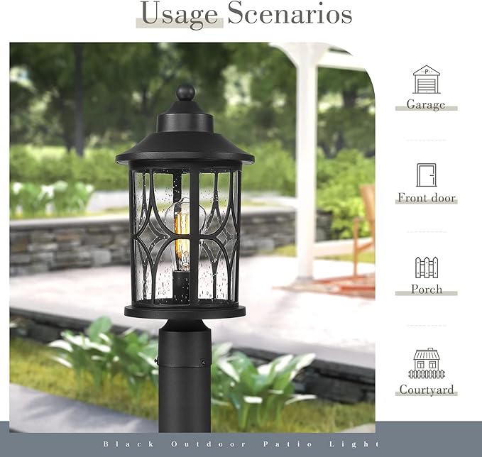 zeyu Farmhouse Exterior Post Light Fixture, 17 Inch Modern Outdoor Pole Light for House Patio Yard, Die-Cast Aluminum with Seeded Glass Shade, Black Finish, ZX48MP BK